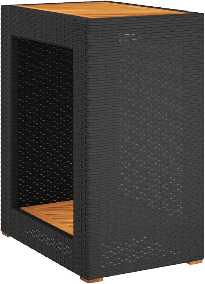 vidaXL Patio Side Table with Wooden Top, Exterior Tea Table with Storage, Rectangular Coffee Table for Garden Backyard, Modern, Black Poly Rattan