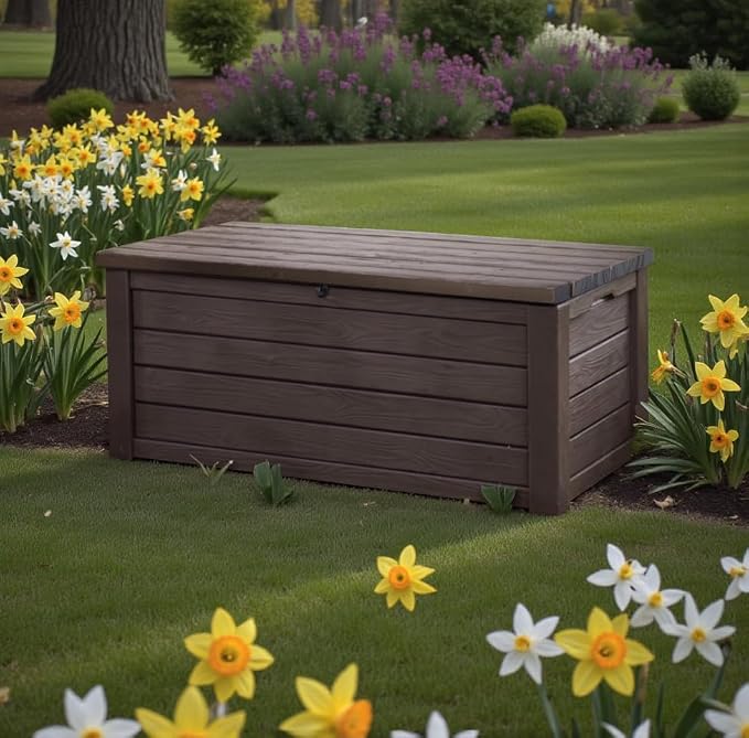 Outdoor Deck Box Storage, 150 Gallon, Brown Wood Grain, Polypropylene Resin, 61x28.34x25.19 Inches, Bench Seating 660 lbs Capacity