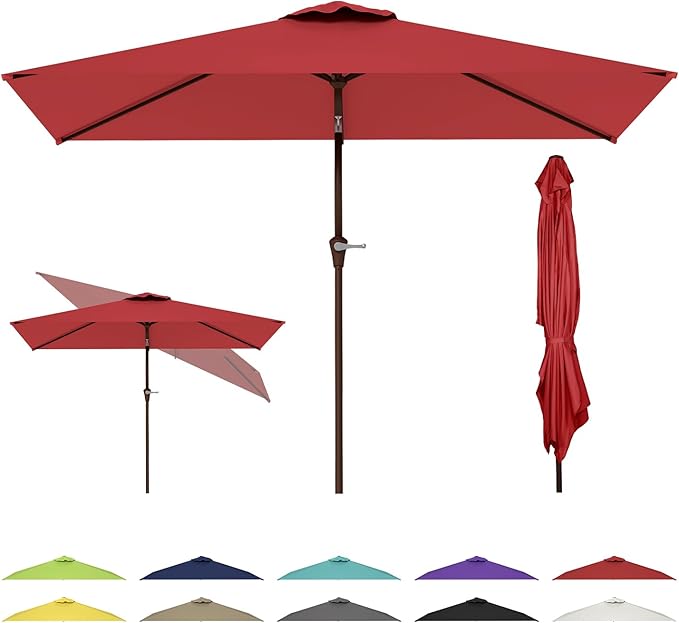 GREENVINES 6.5X10 FT Rectangular-Patio-Umbrella | Outdoor-Table-Umbrellas | 6 Sturdy Steel Ribs | Push Button Tilt & Crank | Waterproof | Market Umbrella | for Pool Backyard Garden Deck | Red
