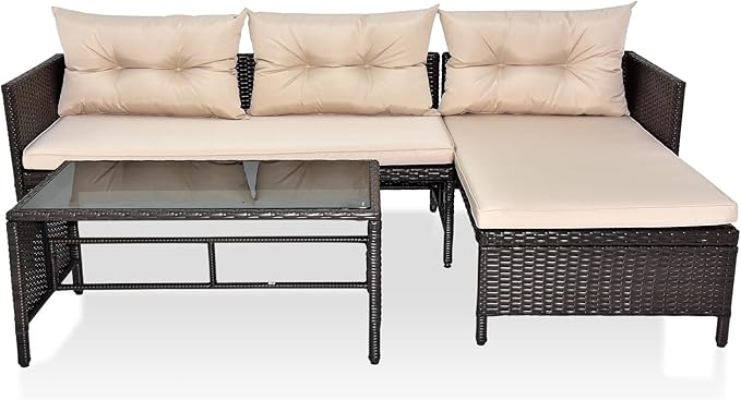 3 Piece Patio PE Rattan Furniture Sets, All-Weather PE Wicker Outdoor Sofa Couch Sectional Set, Patio Wicker Conversation Loveseat Sofa Small Conversation Set for Garden/Patio w/Cushion, Glass Table