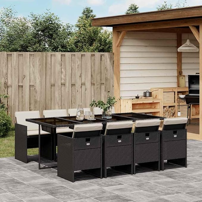 9-Piece Garden Dining Set, 8-Seater Outdoor PE Rattan Patio Furniture Set, Rectangular Table and 8 High-Back Chairs with Cushions for Backyard, Black and Cream