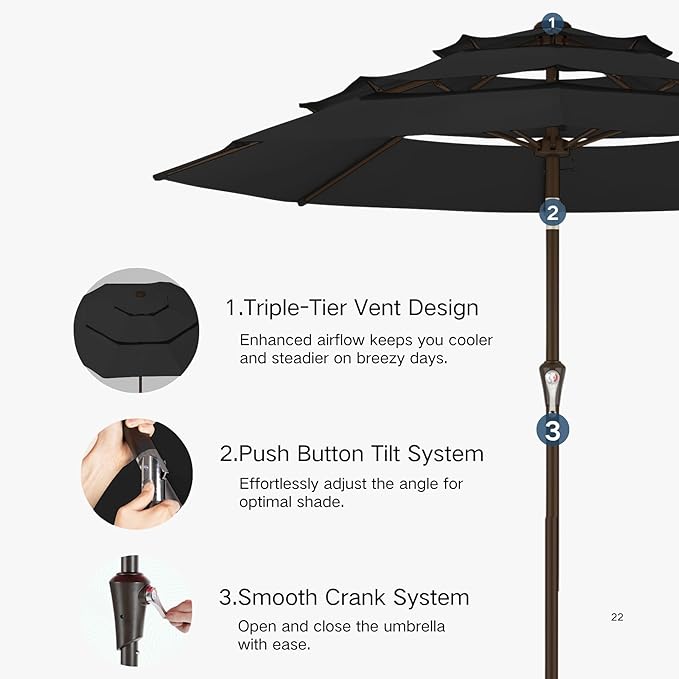 Kingdura 10ft 3-Tier Patio Umbrella, Outdoor Table Umbrella with Easy Crank & Tilt, 8 Reinforced Ribs, UV Protection for Deck, Pool, Market, Backyard (Black)
