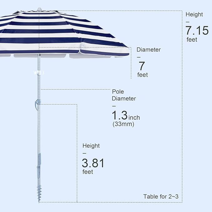 Tempera Heavy Duty High Wind Beach Umbrella with Sand Anchor & Carry Bag | Patio Outdoor Umbrella with Aluminum Frame and Push Button Tilt, Ideal for Travel Garden Lawn, UPF 60+