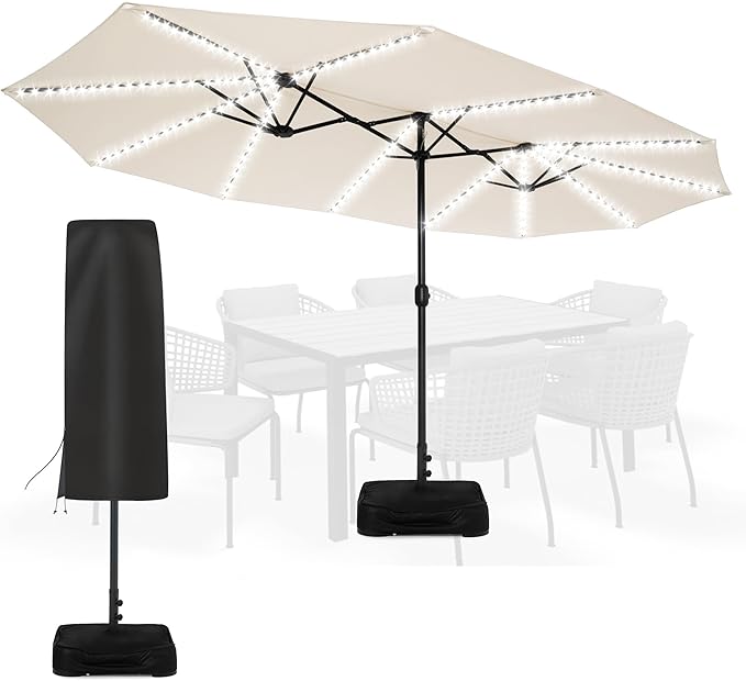 Sundale Outdoor Solar 144 LED 15 ft Patio Umbrella with Sandbag Base Included and Cover, Outdoor Double-Sided Umbrella with Lights
