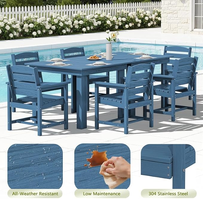 KINGYES 8-Piece HDPE Outdoor Dining Set for 6, Square Patio Table & Armchairs with Umbrella Hole, All-Weather Patio Dining Set for Backyard, Garden, Lawn & Poolside, Blue