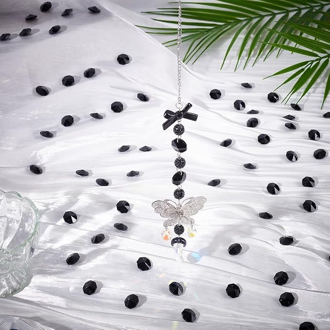 120Pcs Black 14mm Octagonal Crystal Beads 2 Holes Prism Beads Bulk Faceted Chandelier Parts Replacement Hanging Pendants Connector Suncatcher Spacers for DIY Lamp Hanging Ornament Jewelry