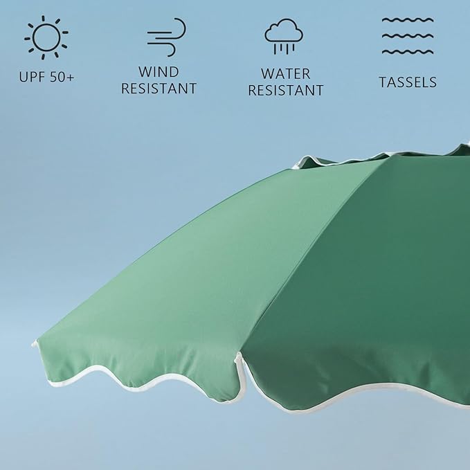 7.2FT Patio Beach Umbrella, Adjustable Height and Tilt Design, UPF 50+ Sun Protection with Silver Coating, Wind-Resistant Fiberglass Ribs, Portable 2-Fold Design, Includes Carry Bag, Base Not Included