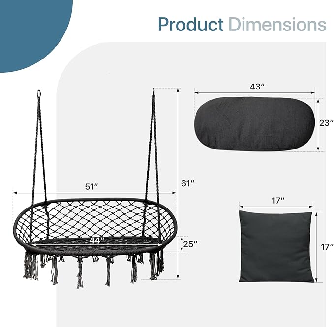 Double Hammock Chair for Indoor & Outdoor Use, Durable Woven Cotton Ropes & Iron Frame, Comfortable Seating for Patio Garden and Porch, 700 lbs Capacity, Black