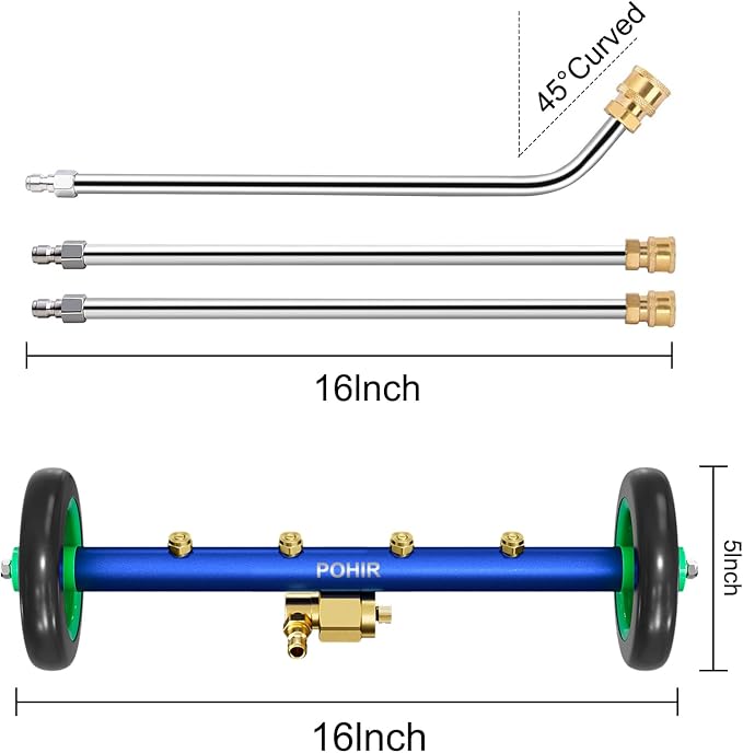 POHIR Undercarriage Pressure Washer Attachment Pro Max 16", Surface Cleaner Water Broom with 3pcs Extension Wand and Quick Connect Pivot Coupler 4800psi, 2 in 1 Underbody Car Washer