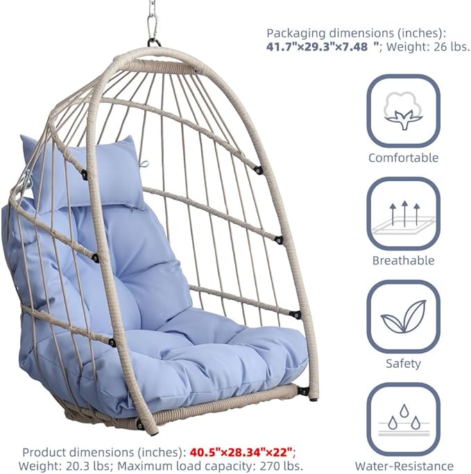 Hanging Egg Chair Without Stand – Foldable Rattan Wicker Swing Chair with Cushion & Headrest, 350lbs Capacity, Ceiling/Tree Mount Kit Included for Indoor Outdoor Use,Blue