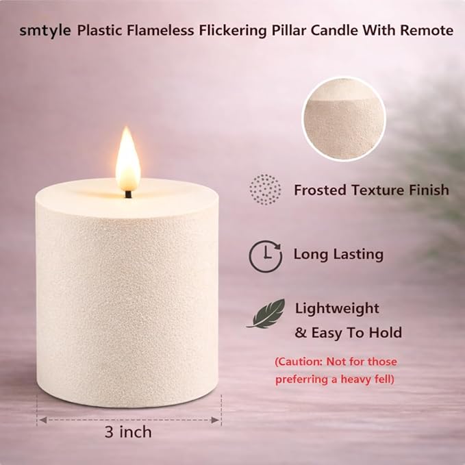smtyle Vintage Flickering Ivory Plastic Flameless Candles 3 x 3 Inch LED Battery Operated with Remote & Timer, Set of 2 – Neutral Rustic Farmhouse Decor Candles Sandstone Texture Beige