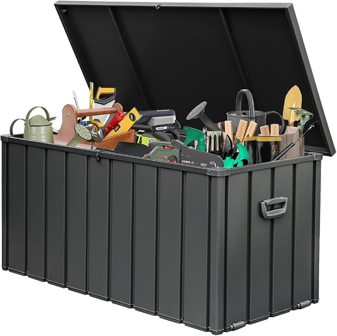 Domi 150 Gallon Deck Box, Metal Outdoor Storage Box with Lock Wheels, Waterproof Outside Storage Box for Patio Cushions