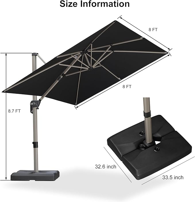 PURPLE LEAF Patio Umbrella with Base Included, 8ft Outdoor Aluminum Cantilever Umbrella with 360° Rotation, Champagne Offset Umbrella for Outdoor Garden Pool, Black