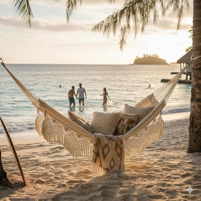 Double Macrame Hammock with Heart Design, Beige 2-Person Hammock for Indoor Outdoor, 79 x 59 Inch Large Boho Hammock with Rope and Hooks for Patio, Porch, Garden, Balcony, and Beach
