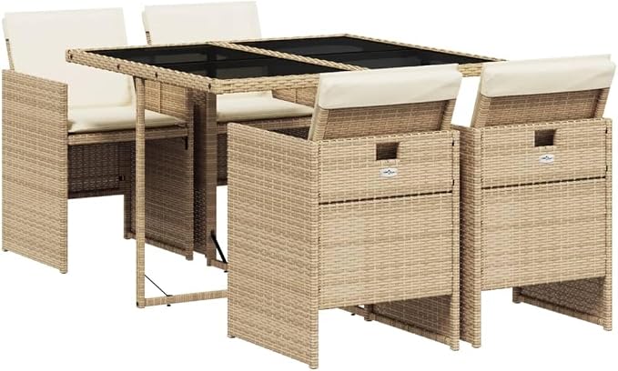 5 Piece Patio Dining Set with Cushions Beige Poly Rattan Outdoor Table and 4 Folding Chairs for Garden Backyard Porch Space Saving Glass Top UV Proof