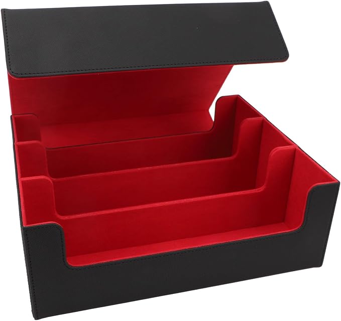 Card Deck Box Large Capacity Soft PU Leather Magnetic Closure Tarot Card Storage (Black with Red Lining)