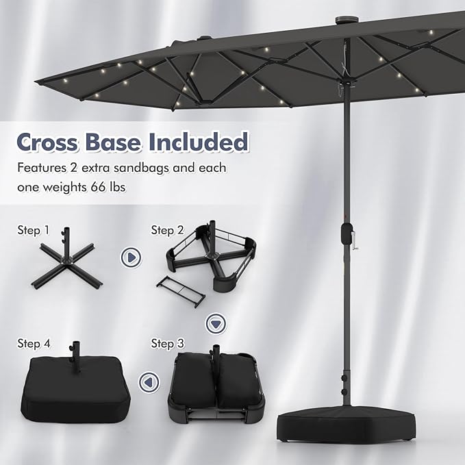 HAPPYGRILL Double-Sided Patio Umbrella with Solar Lights, 13FT Large Umbrella with Base Included, Crank Handle, Market Twin Table Umbrella for Outdoor Backyard Garden Poolside
