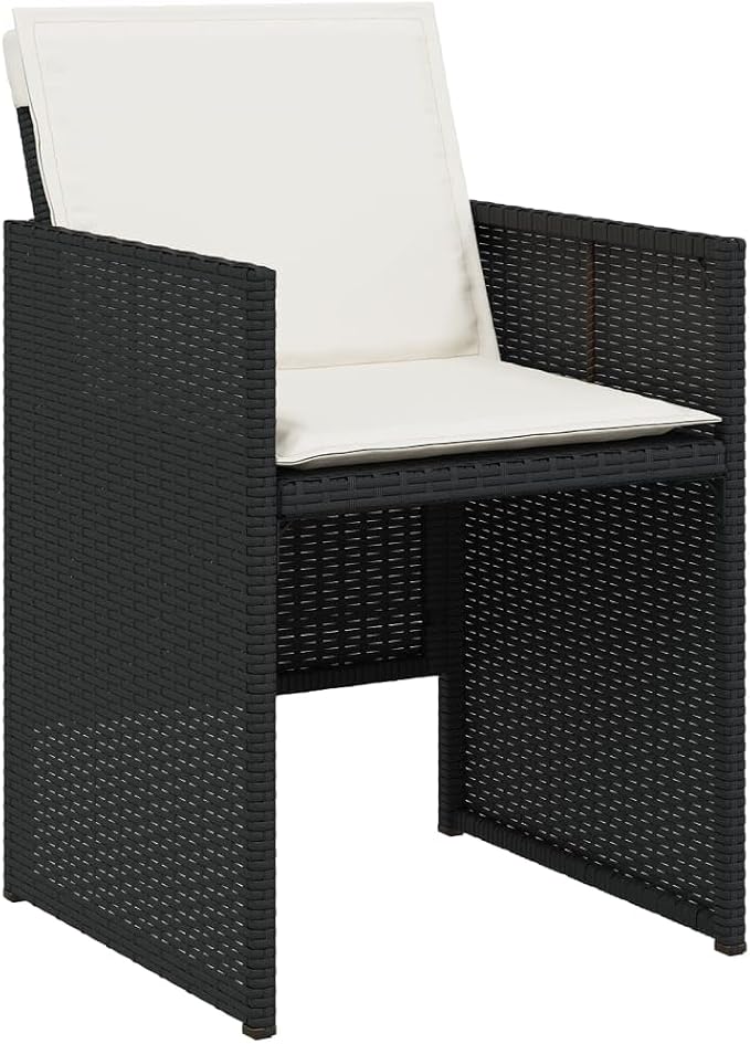7 Piece Patio Dining Set with Cushions Black Poly Rattan Outdoor Garden Furniture Table and 6 Chairs for Backyard Deck Poolside Dining Folding Space Saving Comfortable Seating Acacia Wood Top