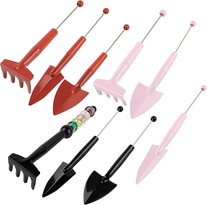 9 Pack Beadable Garden Tools Mini Metal Shovel Rake for Plant Potted Flower (Black & Red & Pink)