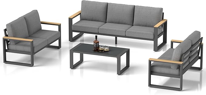 Aluminum Outdoor Patio Furniture Set with Height-adjustable Footrest for Lawn Porches Patio, 7-Seats All-weather Patio Sofa Sets with Coffee Table, Modern Outdoor Patio Conversation set, Grey