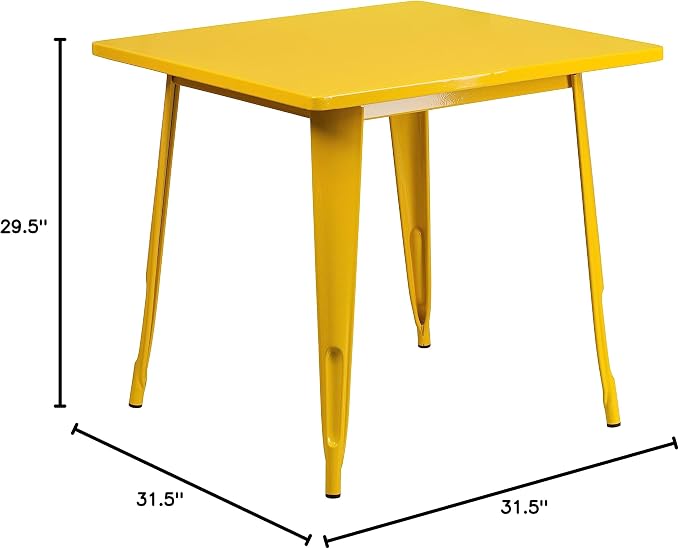 Merrick Lane Nash Indoor-Outdoor Dining Table Only - Yellow Powder Coated Finish - 31.5" Square Top - 27.25" Wide Base - Bracing for Added Stability