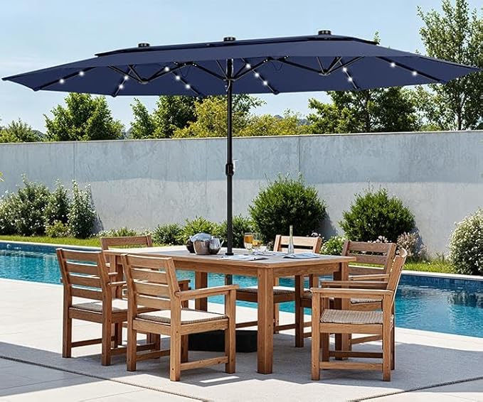 PHI VILLA 15ft 2-Tier Large Patio Umbrella with Solar Lights, Double-Sided Outdoor Market Rectangle Umbrellas with 36 LED Lights, Umbrella Base (Stand) Included, Blue