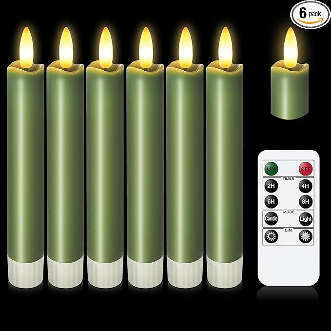 KSWING Upgraded Real Wax Short LED Flameless Taper Candles with Remote, 6 PCS Winter Moss Candlesticks Battery Operated 3D Flickering for Home/Wedding/Fireplace Xmas Decor