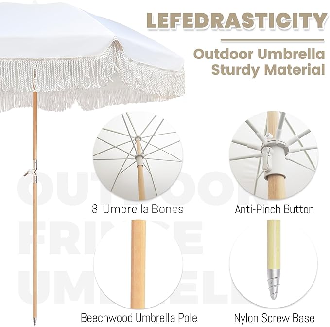 Lefedrasticity Boho Outdoor Umbrella with Tassels,6ft Table Umbrella Outdoor Patio with Knobs Tilt,Wind Resistant Portable Beach Umbrella UPF50+ Fringe Umbrellas For Pool Backyard Deck Garden
