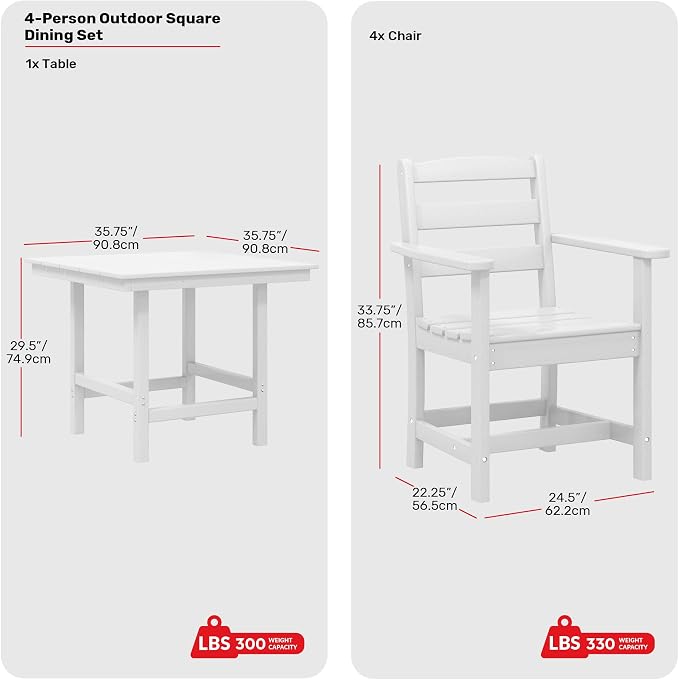 Costaelm Palms 5-Piece HDPE Outdoor Square Patio Dining Table Set with Armchairs, White