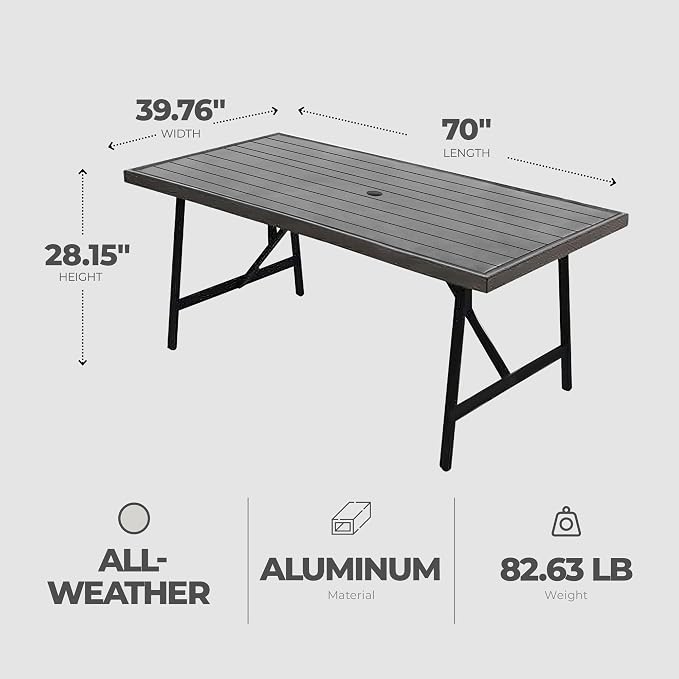 Four Seasons Courtyard 40 x 70 Inch Rectangular Patio Dining Table 2 Tone Aluminum Eastport Slat Tabletop with Rust Proof Aluminum Frame, Black/Coffee