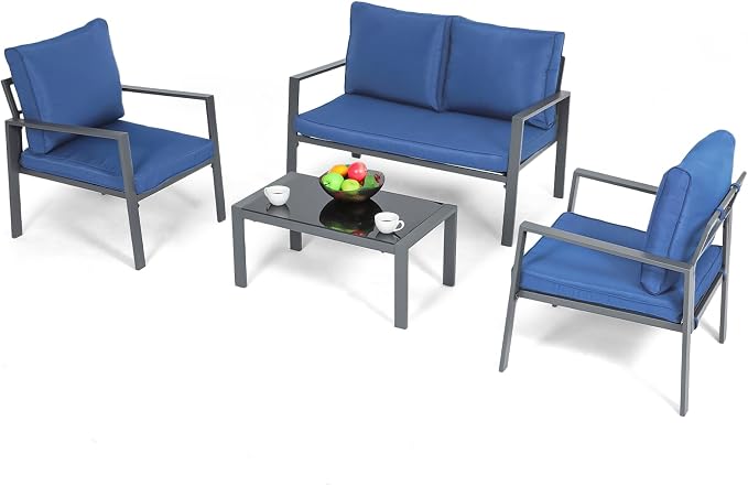 4-Piece Outdoor Patio Furniture Set, Steel Frame Patio Conversation Set with Tempered Glass Side Table for Garden Yard Poolside