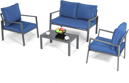4-Piece Outdoor Patio Furniture Set, Steel Frame Patio Conversation Set with Tempered Glass Side Table for Garden Yard Poolside