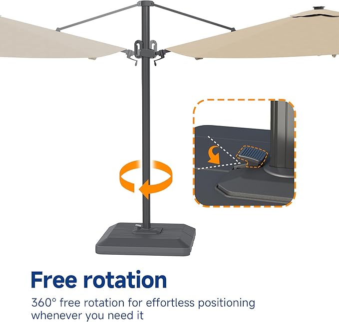 FLAME&SHADE 11ft Cantilever Patio Umbrella with Base, Round Offset Umbrella with Solar Light Strips, Large Heavy Duty Outdoor Aluminum 360° Rotation,for Deck,Pool,Backyard