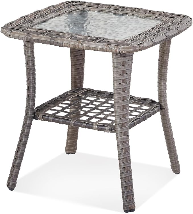 Outdoor Side Table with Storage Wicker Patio Side Table, Tempered Glass Top End Table for Balcony Porch Deck(Gray)