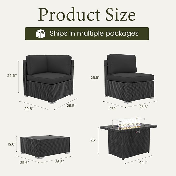LayinSun 8 Piece Patio Furniture Set with 44" Propane Gas Fire Pit Table, Outdoor Sectional Conversation Set Wicker Rattan Sofa Set with Coffee Table
