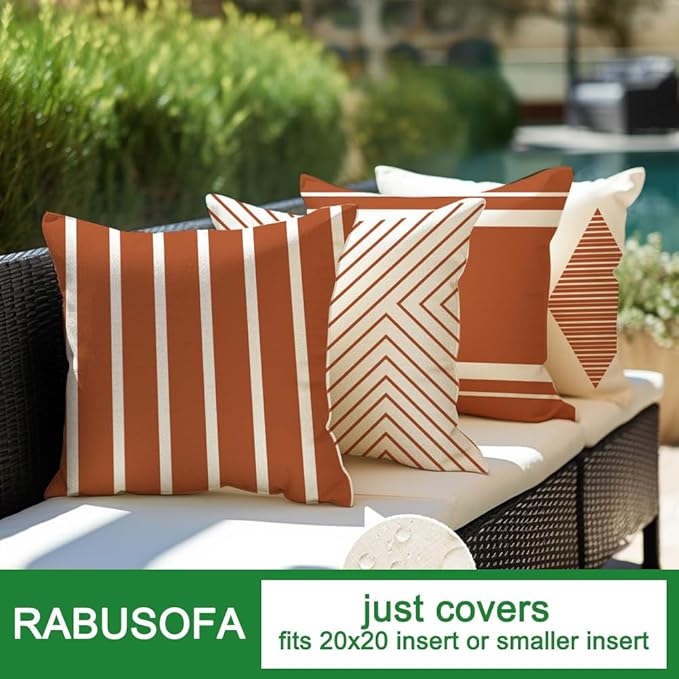 RABUSOFA Outdoor Pillows Covers 20x20 inch Waterproof,Fall Rust and Beige Boho Cushion Cases Set of 4 for Patio Furniture Sunbrella Couch(2R-20) (Rust and Beige, 20" x 20" Pack of 4)