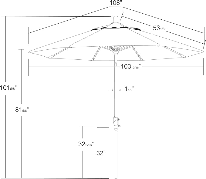 California Umbrella 9' Round Aluminum Market Umbrella, Crank Lift, Push Button Tilt, White Pole, Cilantro