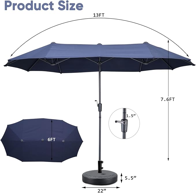 13Ft Large Patio Umbrella with Base Outdoor Double-Sided Market Extra Large Table Umbrella Easy Crank for Yard, Poolside, Deck-Navy Blue