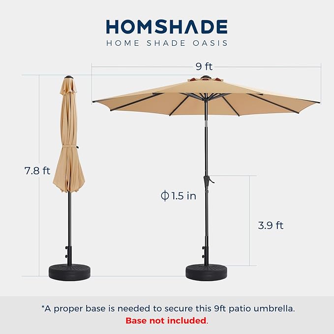 HOMSHADE 9ft Outdoor Patio Umbrella - Market Table Pool Deck Umbrella UPF50+ UV Protection with Push Button Tilt, Crank and 8 Sturdy Ribs (Beige, No base)