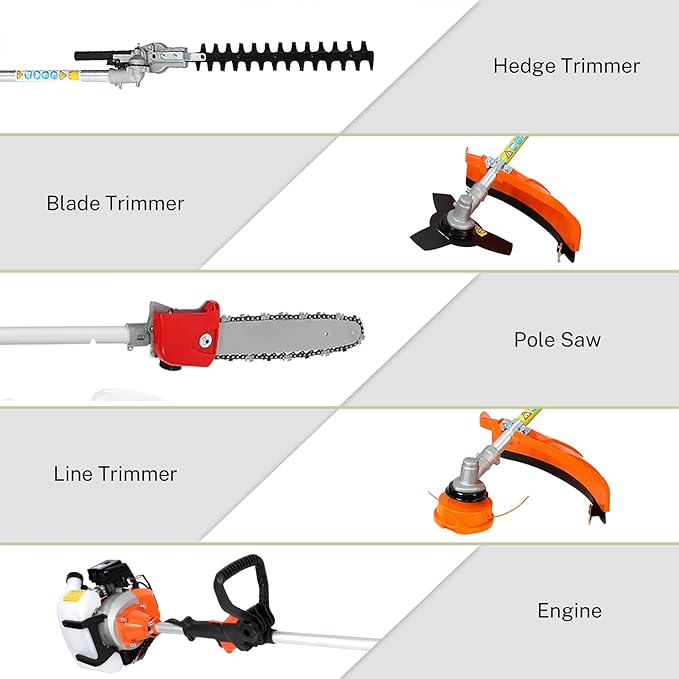 Gas Powered String Trimmer 52cc 6 in 1 Multi Functional Garden Trimming Tools, Weed Eater Gas Powered Hedge Trimmer Lawn Edger, Long Reach Pole Saw for Tree Trimming Branch Brush Cutter