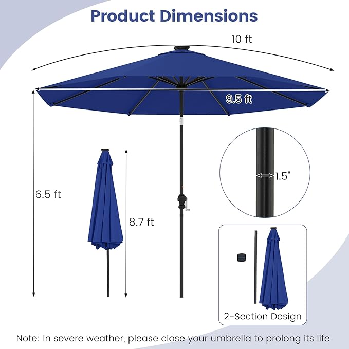Tangkula 10 FT Solar Patio Umbrella, Outdoor Market Table Umbrella with 96 Multi-Colored Flowing LED Lights, 9 Modes, Tilt Adjustment, Crank Handle, 8 Ribs, Vented Top for Backyard Poolside Deck Lawn