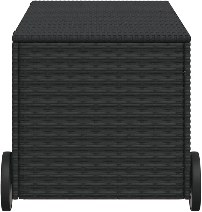 50.2 Gal Wicker Garden Storage Box with 2 Wheels, Patio Rattan Deck Box, Outdoor Wicker Storage Box, Patio PE Rattan Storage Container, Black Poly Rattan,-911