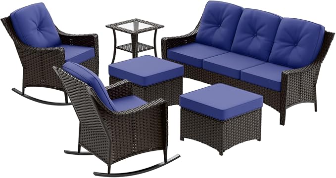 Stone Creek Outdoor Furniture Set with Rocking Chairs, 3 Seater Couch, Side Table & Ottomans, Wicker Patio Conversation Set, Balcony Furniture, 6 Piece, Brown/Blue
