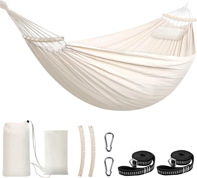Chihee Cotton Hammock Holds Up to 660lbs Fabric Hammock 8.9x4.9ft Soft Portable Tree Hammocks Camping with Detachable Spreader Bar Pillow 2 Strong Webbings 2 Carabiners Indoor Outdoor Backyard Garden