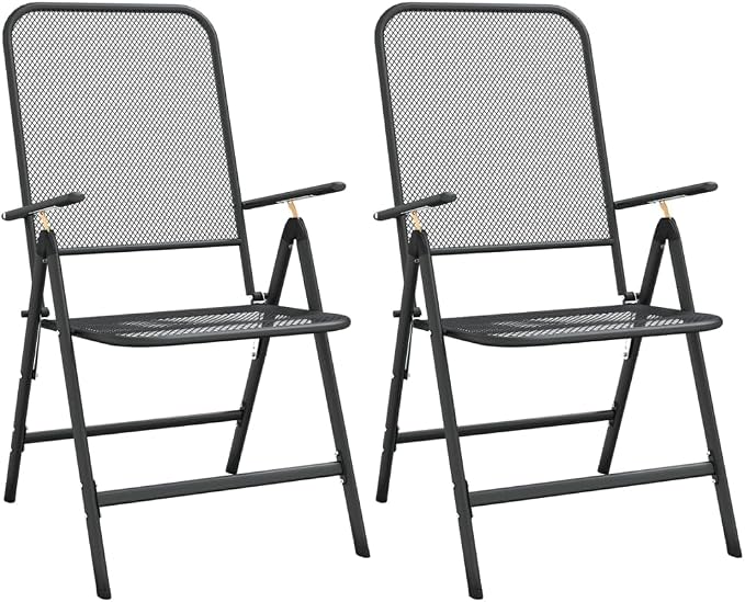 3 Piece Patio Dining Set with Expanded Metal Mesh Folding Chairs and Table for Outdoor Garden Backyard Balcony BBQ, Heavy Duty E-Coating, 7 Position Reclining Seat, Anthracite
