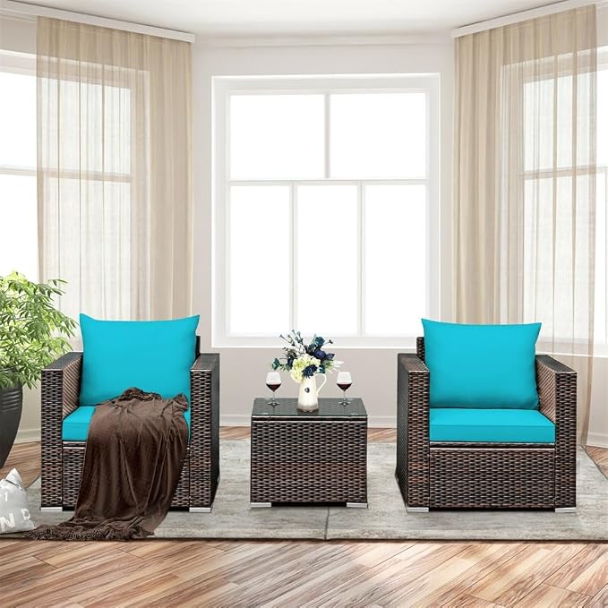3PCS Patio Rattan Furniture Set Conversation Sofa Cushioned Turquoise