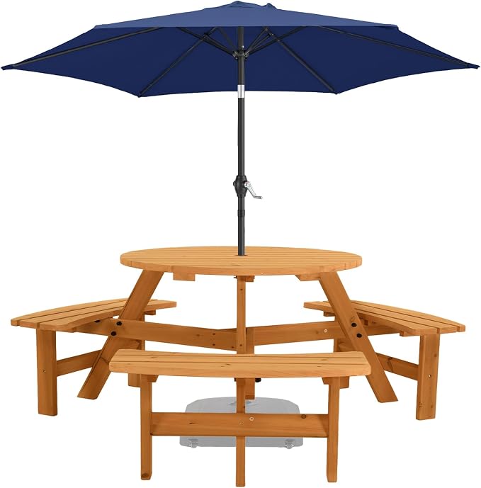 VINGLI Wood Picnic Table Outdoor Round Picnic Table with 7.5ft Umbrella and 4 Built-in Benches, Outdoor Dining Tables and Chairs 550 LBS Bench Capacity (Navy, Round)