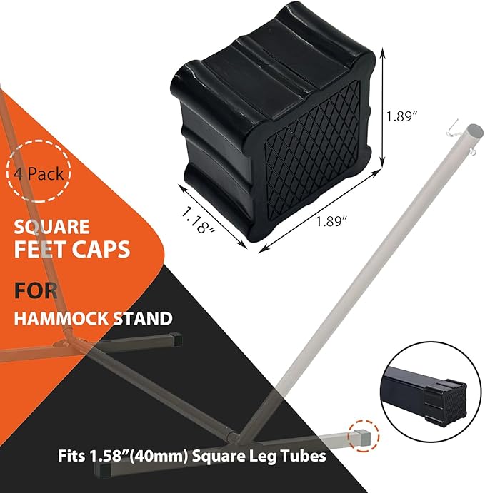 Hammock Stand Feet Caps Replacement - Fits 1.58" (40mm) Square Leg Tubes Durable Plastic End Caps to Protect Metal Hammock Frame, Black (Set of 4)