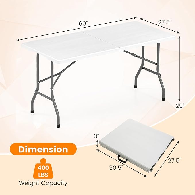 Giantex 5 FT Folding Table, HDPE Foldable Dining Table for 6, Indoor Outdoor Use for Party Banquet Wedding Picnic Camping BBQ, Fold-in-Half Portable Space Saving Design (White)