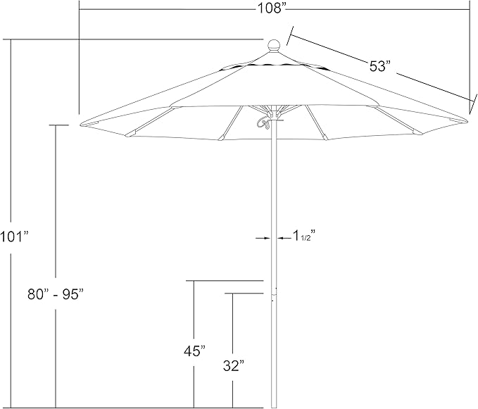 California Umbrella 9' Round Aluminum/Fiberglass Umbrella, Push Open, Silver Pole, Olefin Teak Fabric